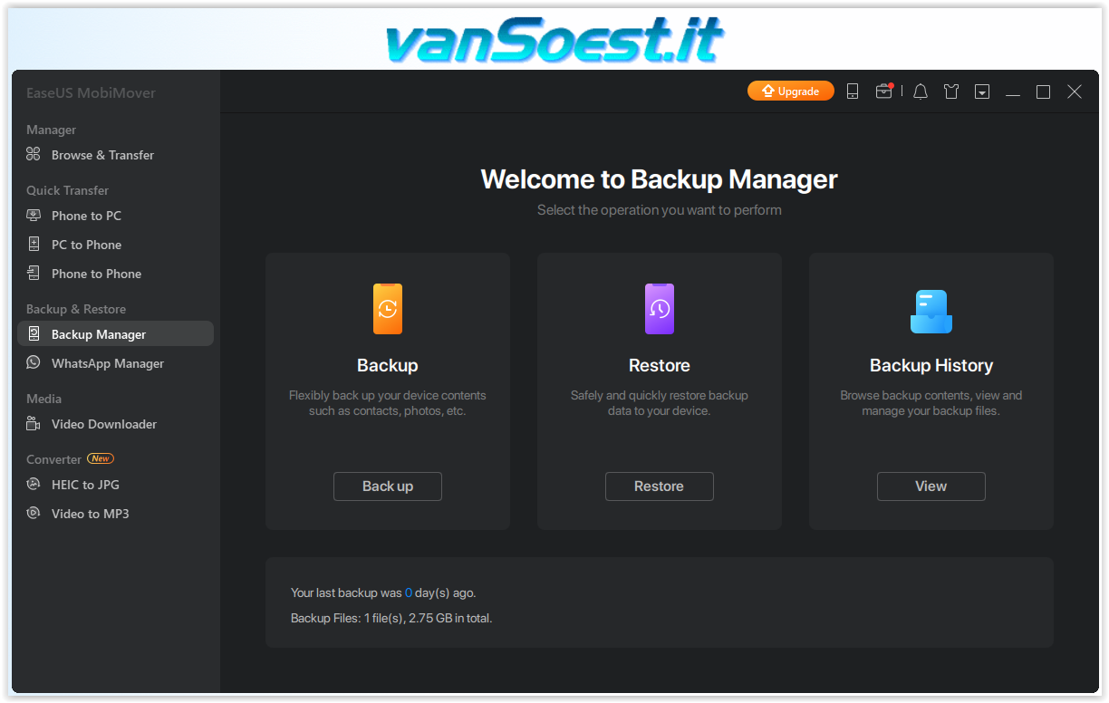 EaseUS MobiMover Free: The backup Manager. Restore will overwrite the data on your phone.